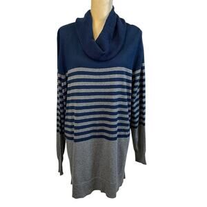 Hampshire Studio Blue Gray Stripe Cowl Neck Sweater Lightweight Women's Large